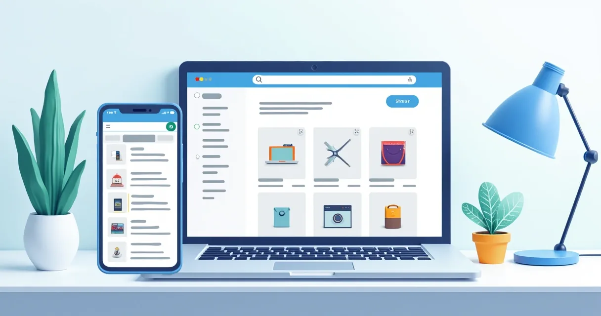 Loja virtual exibida na tela de um celular ao lado de um notebook com catálogo digital aberto