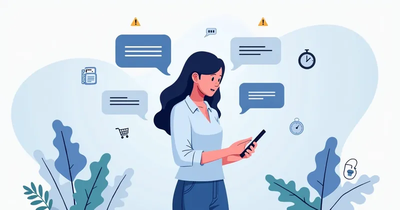 Ilustração corporativa de vendedor usando smartphone com erros comuns ao vender pelo WhatsApp mostrados ao redor