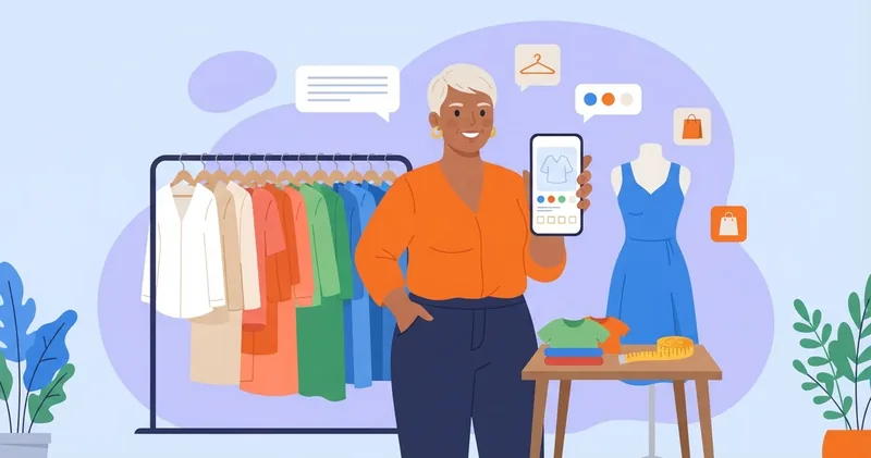Dona de loja de roupas mostra no celular uma blusa do catálogo com as opções de cor e tamanho, ao lado da arara