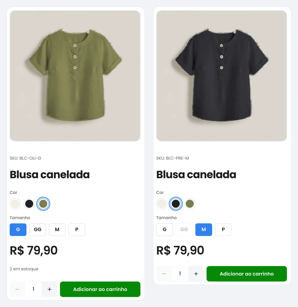 Página da Blusa canelada no catálogo do Linqui em duas telas de celular: em Verde-oliva, com o aviso 2 em estoque, e em Preto, com o tamanho GG apagado