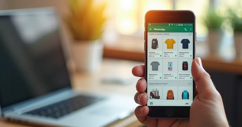 Celular exibindo um catálogo digital de produtos com a conversa do WhatsApp aberta