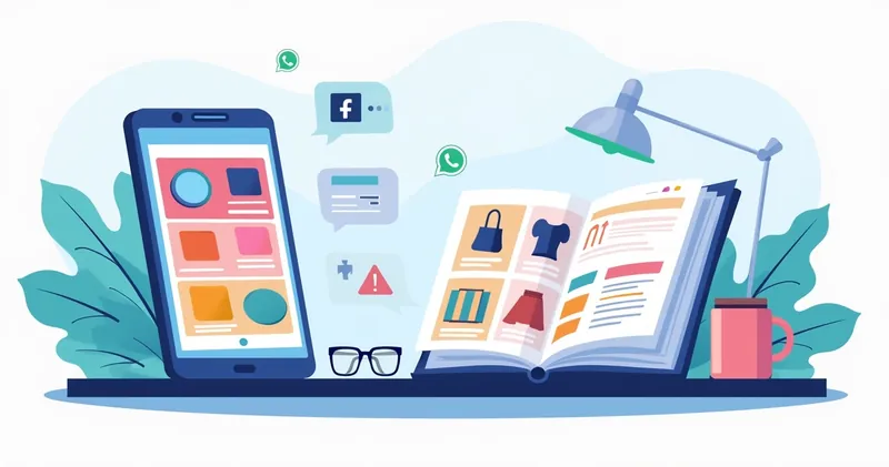Ilustração corporativa comparando catálogo digital no smartphone com catálogo impresso em papel