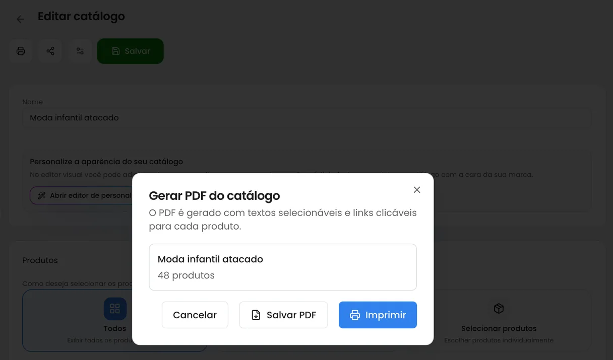 Janela Gerar PDF do catálogo no painel do Linqui, com 48 produtos e os botões Salvar PDF e Imprimir