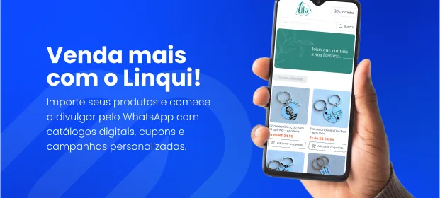 Mão segurando celular com um catálogo de joias aberto no Linqui, ao lado do texto Venda mais com o Linqui