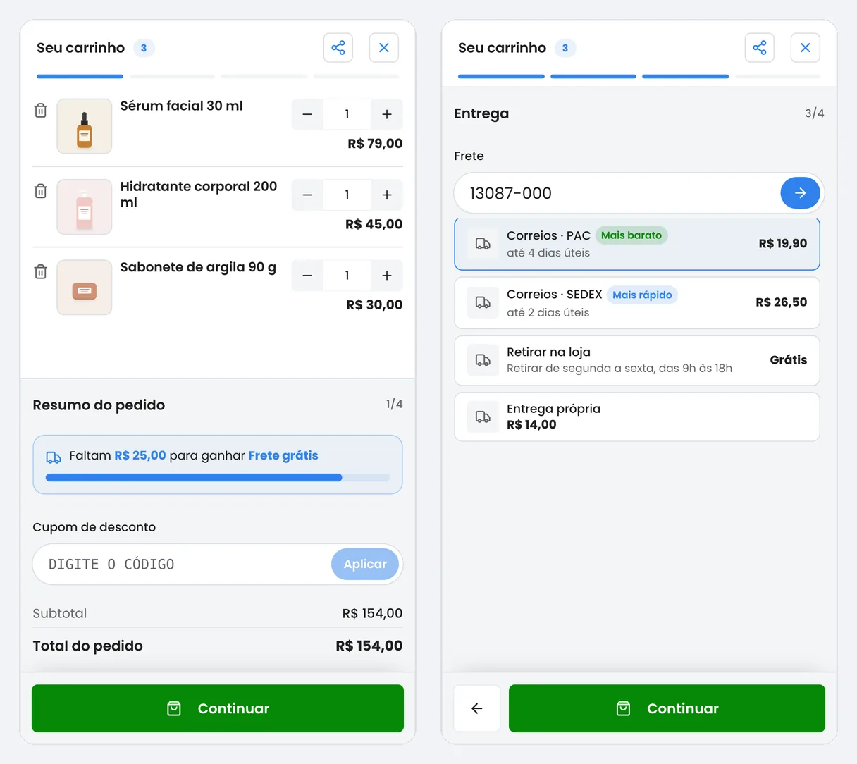 Carrinho do catálogo no celular com a barra Faltam R$ 25,00 para ganhar Frete grátis e, na etapa Entrega, as opções para o CEP 13087-000: PAC e SEDEX dos Correios, retirada na loja e entrega própria