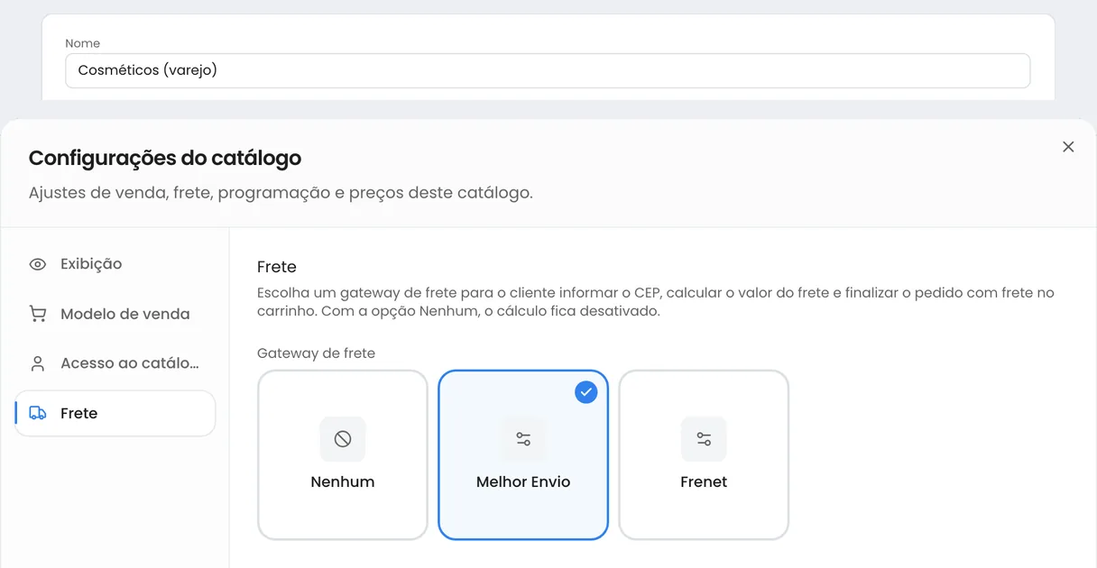 Configurações do catálogo Cosméticos (varejo) no Linqui, aba Frete, com o Melhor Envio escolhido como gateway de frete
