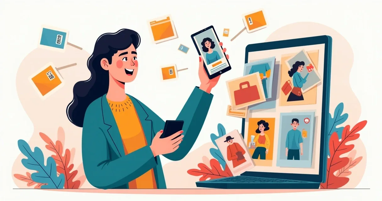 Lojista com celular e muitas fotos de produtos bagunçadas ao redor
