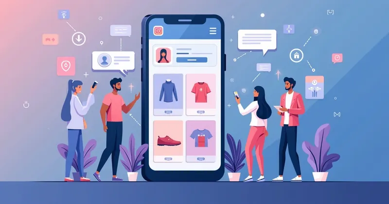 Ilustração de um celular mostrando um catálogo de produtos no Instagram, com ícones de mensagens e de vendas ao redor e setas indicando crescimento