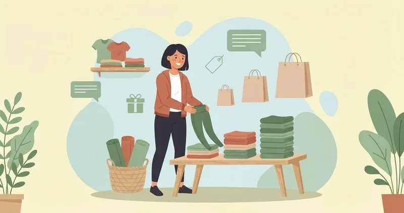 Dona de loja fitness arruma leggings em pilhas que crescem como uma escada, com sacolas de compra cada vez maiores ao lado