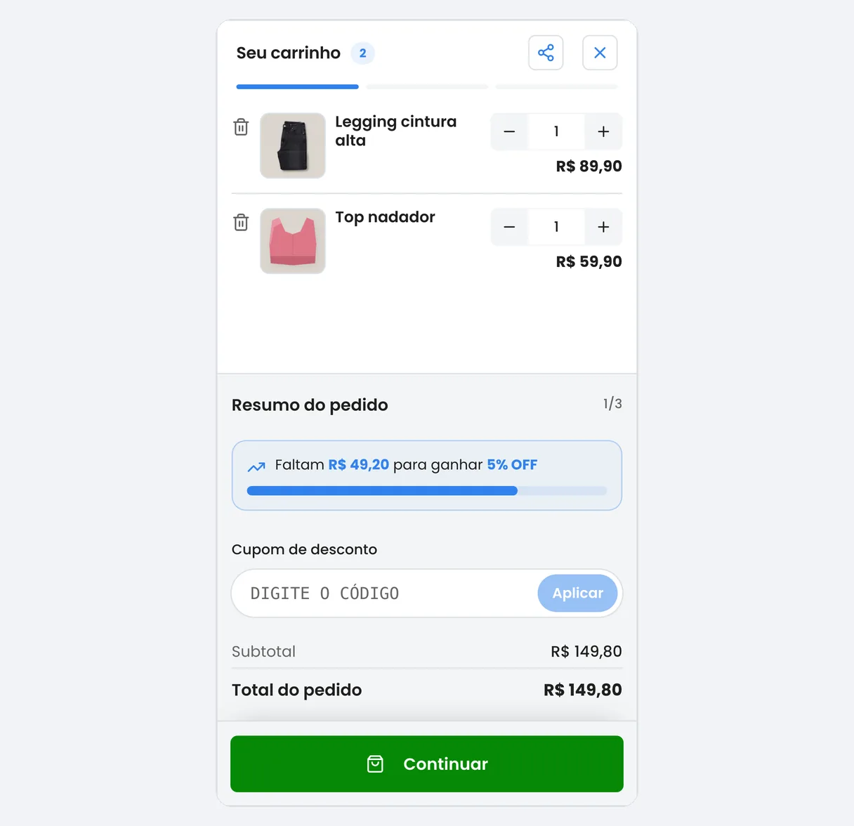 Carrinho do catálogo Linqui no celular com legging e top e a barra Faltam R$ 49,20 para ganhar 5% OFF