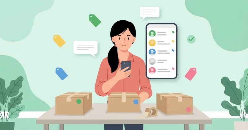 Vendedora organiza pedidos com etiquetas coloridas no celular ao lado de caixas prontas para envio
