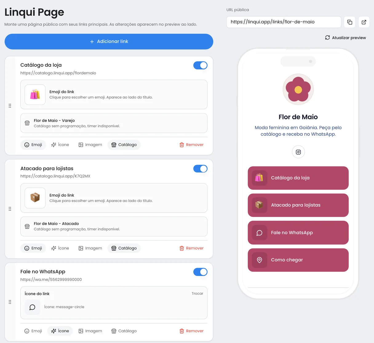 Editor da Linqui Page no painel com os links e seus emojis e ícones, a URL pública e a pré-visualização da página no celular