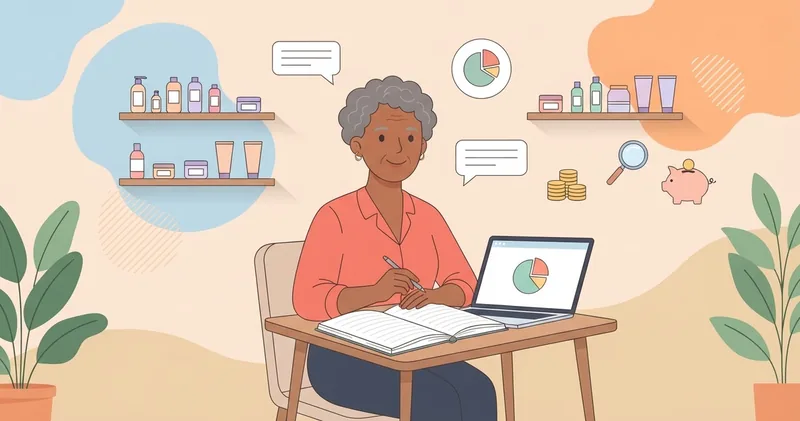 Dona de loja de cosméticos confere o caderno de contas e um gráfico de pizza no notebook, com moedas e cofrinho ao redor