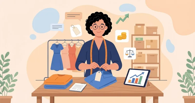 Dona de loja de roupas amarra etiqueta de preço numa camisa, com moedas, balança e gráfico de alta ao redor