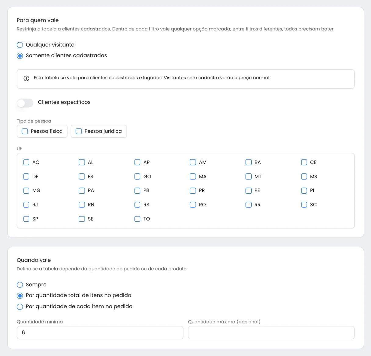 Tabela de preço Atacado no Linqui configurada para clientes cadastrados e pedidos a partir de 6 itens