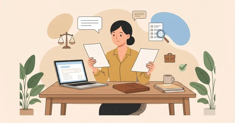 Representante comercial compara dois documentos na mesa, com notebook, pasta de mostruário e ícones de lei e lista
