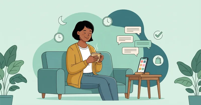 Lojista descansa no sofá à noite enquanto o celular responde sozinho os clientes no WhatsApp Business