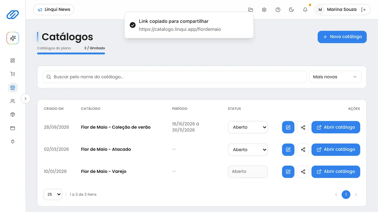 Lista de catálogos no painel do Linqui com o aviso de link copiado, catalogo.linqui.app seguido do código da loja