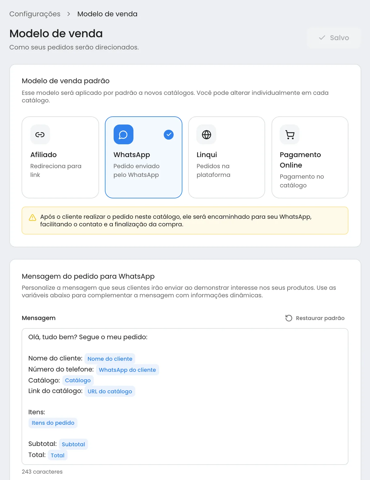 Configuração da mensagem do pedido para WhatsApp no Linqui, com nome do cliente, itens, subtotal e total por variável