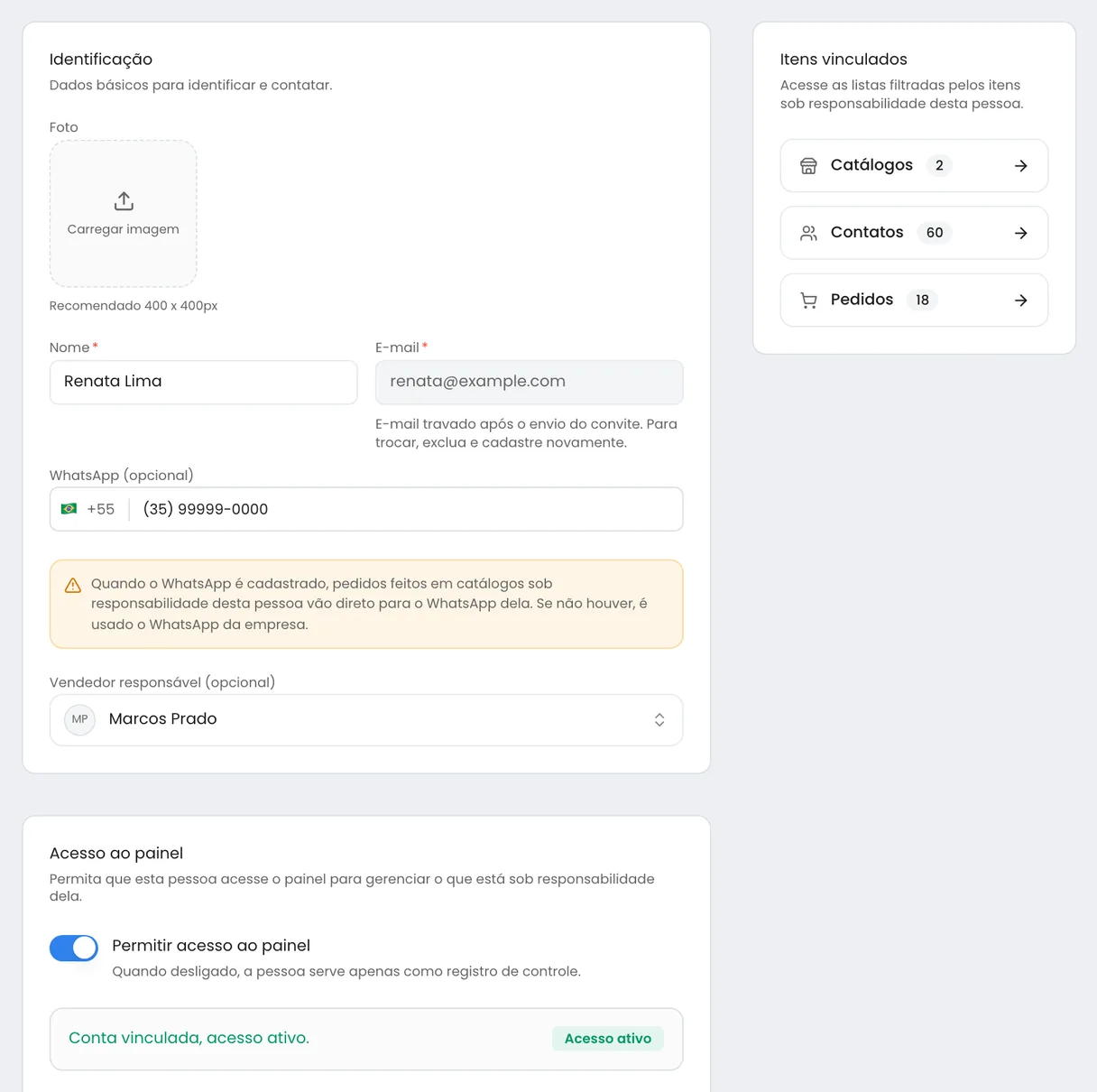 Cadastro da representante Renata no app Representantes do Linqui, com WhatsApp próprio, vendedor responsável e acesso ao painel liberado