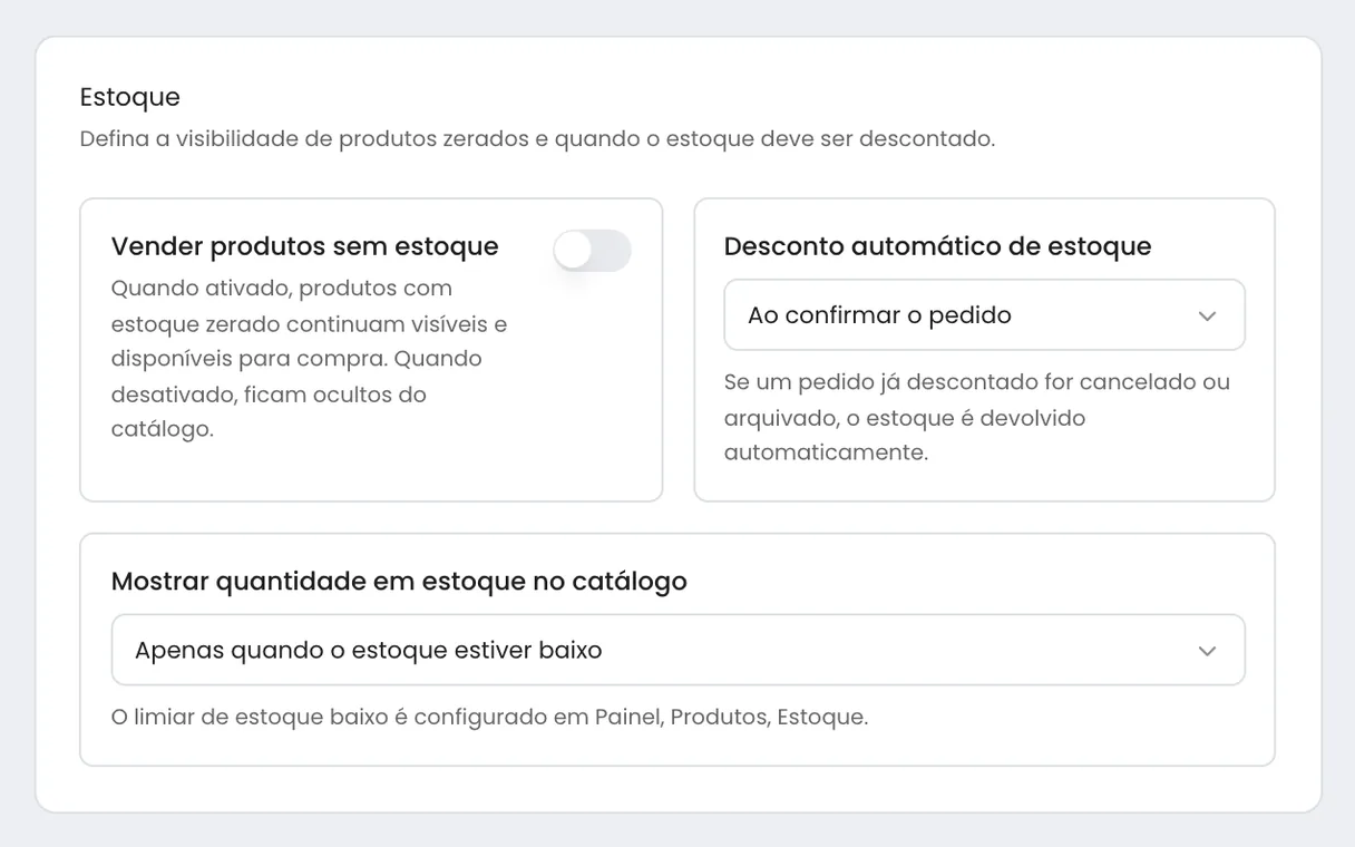 Configurações de estoque do Linqui: vender sem estoque desligado e desconto automático ao confirmar o pedido