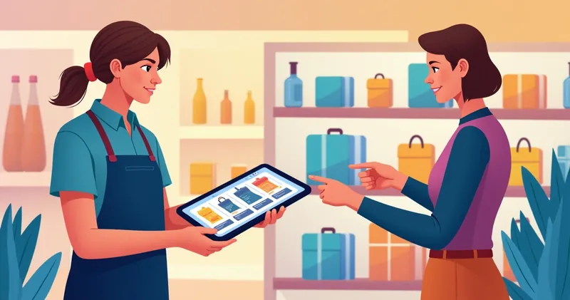 Ilustração de um lojista mostrando catálogo digital em tablet para cliente dentro de loja física moderna e organizada
