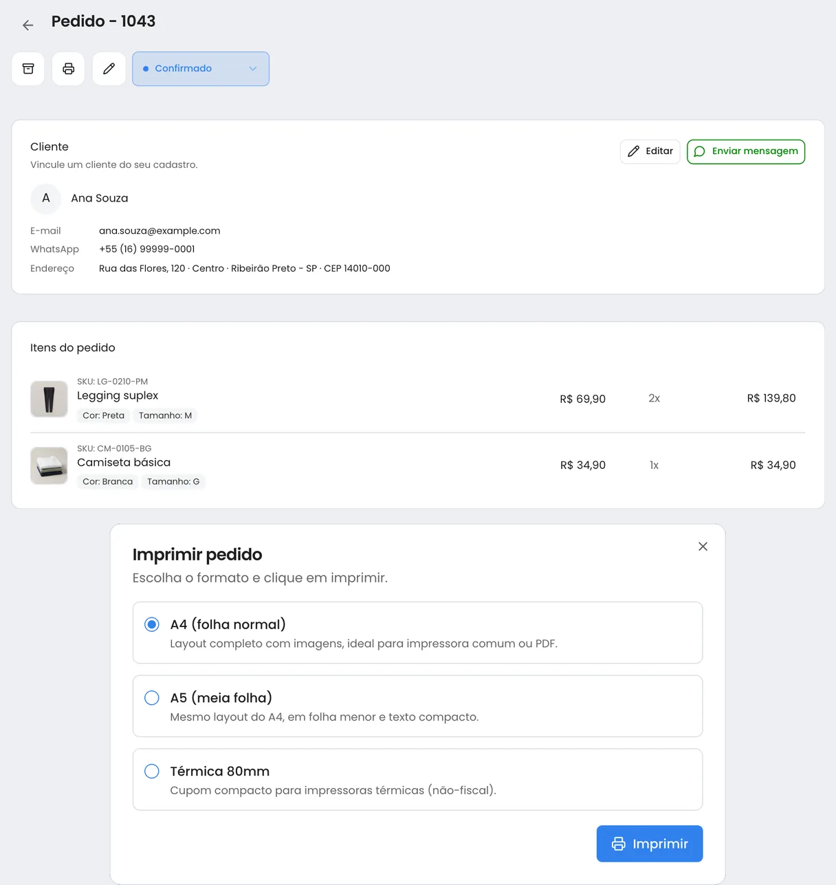 Pedido 1043 confirmado no painel do Linqui com o botão Enviar mensagem do cliente e a janela Imprimir pedido com o formato A4