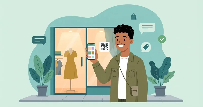 Cliente na calçada escaneia com o celular o QR code colado na vitrine de uma loja de roupas