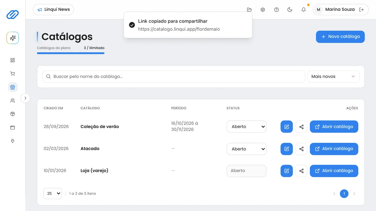 Lista de catálogos no painel do Linqui com o aviso de link do catálogo copiado para compartilhar