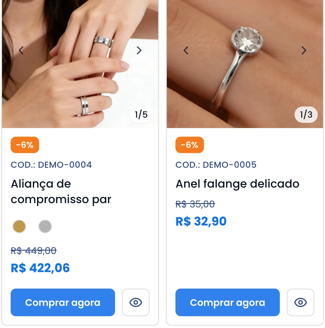 Dois anéis no catálogo de demonstração do Linqui, com código, preço e as opções dourado e prateado em bolinhas de cor
