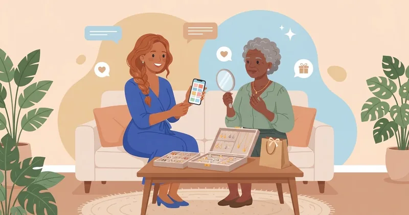 Revendedora de semijoias mostra o catálogo no celular a uma cliente que prova um colar, com o mostruário aberto na mesa