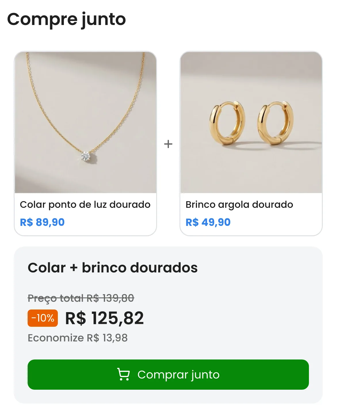 Seção Compre junto no catálogo Linqui com colar e brinco dourados por R$ 125,82 em vez de R$ 139,80