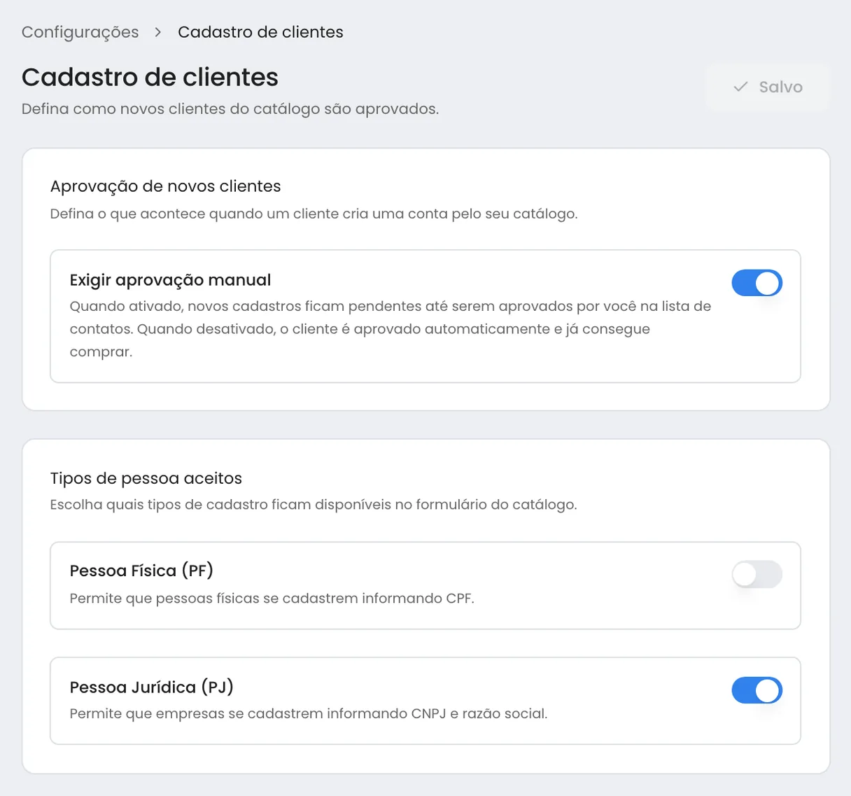 Configurações de cadastro de clientes no painel do Linqui com aprovação manual ligada e só pessoa jurídica aceita