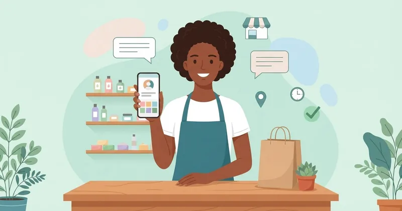 Dona de loja de cosméticos naturais mostra no celular o perfil comercial e o catálogo do WhatsApp Business