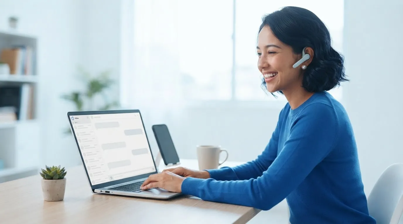 Ana atendendo os clientes pelo inbox no notebook, com fone sem fio e o celular no suporte