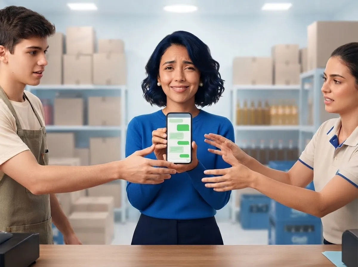 Ana atrás do balcão com o celular cheio de mensagens enquanto dois colegas tentam pegar o aparelho