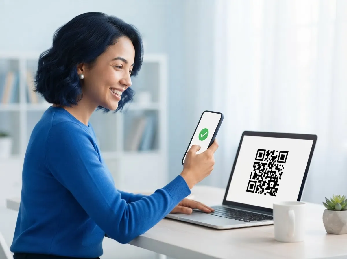 Ana conecta o WhatsApp lendo o QR Code da tela do notebook com o celular
