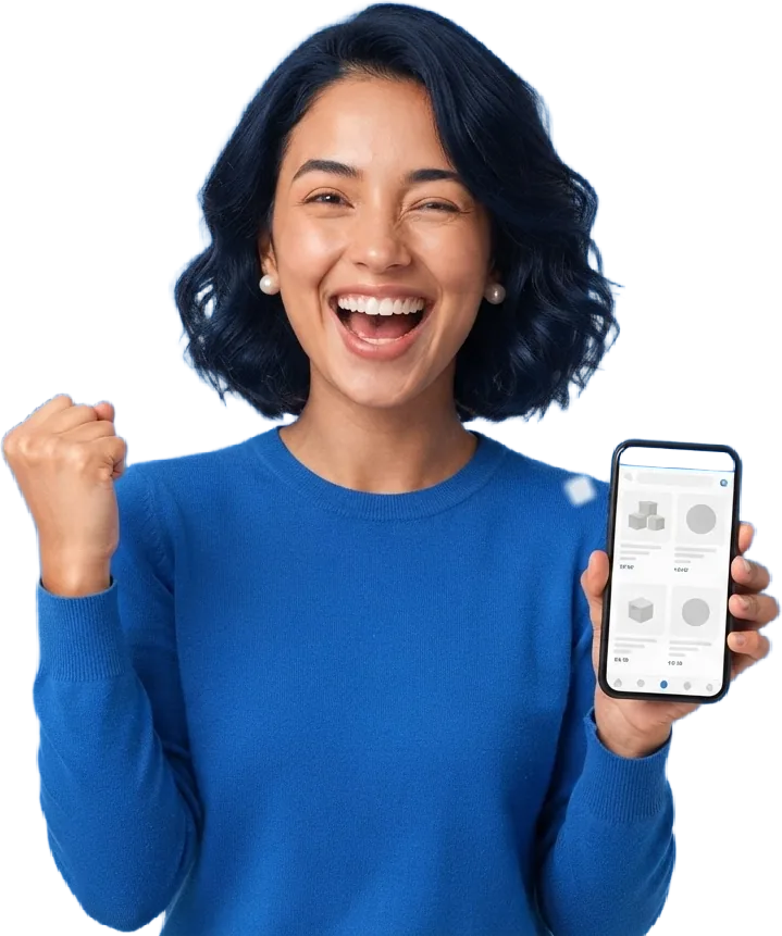 Ana comemora com o celular na mão
