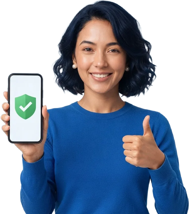 Ana mostra o celular com o escudo verde de conexão segura e faz sinal de positivo