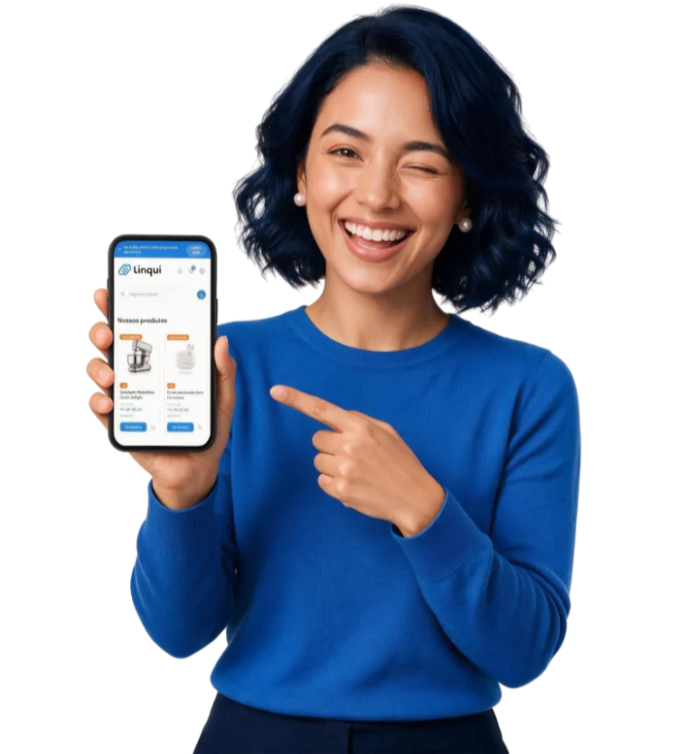 Lojista usando catálogo de produtos Linqui no WhatsApp pelo celular